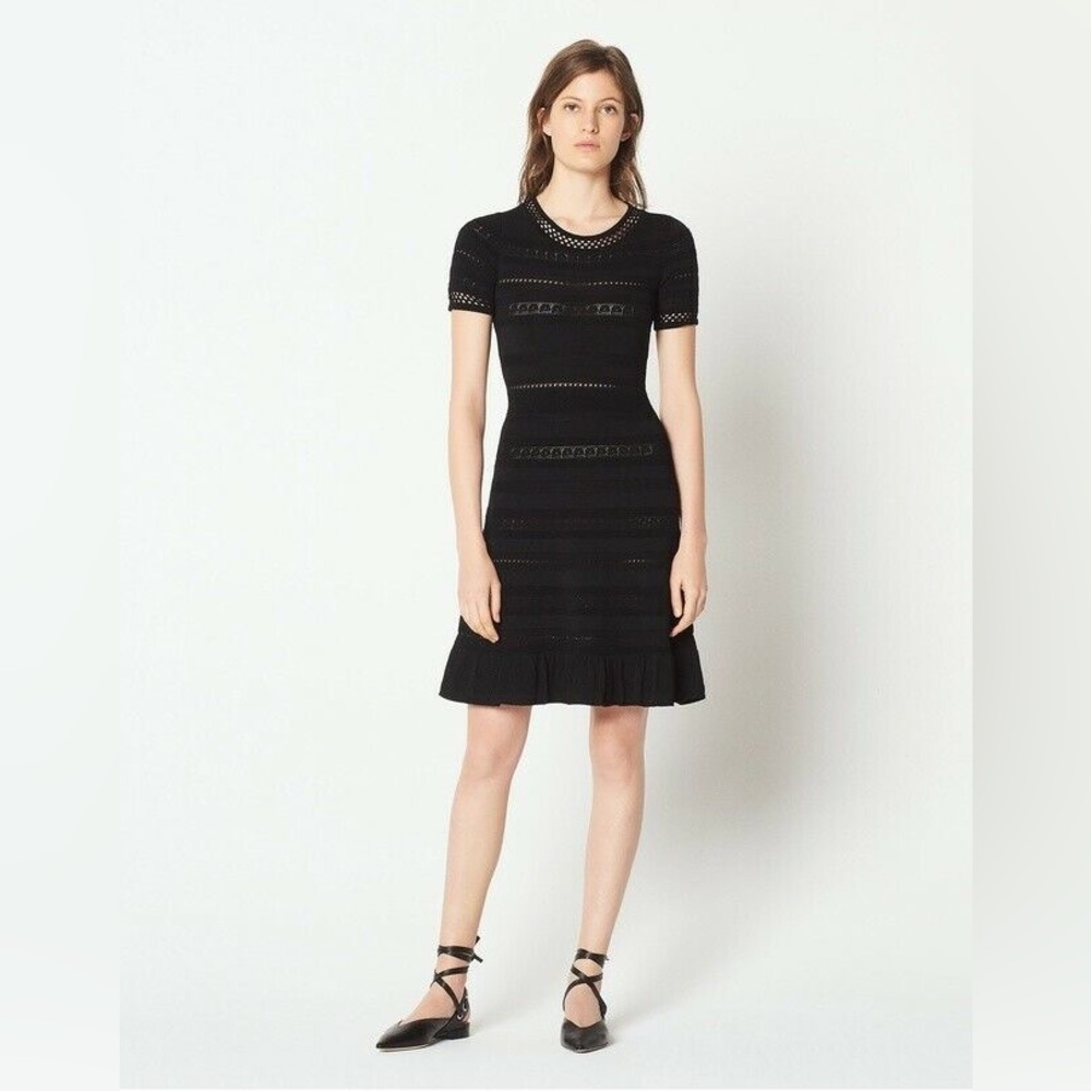 Sandro Kady Noir knit Flare Dress Eyelet short sleeve capsule office French euro